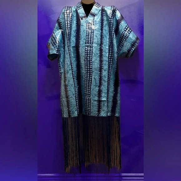 ZIXLUXE Fashion Loose Fit half Fringe Adire Kaftan | Coverup | maxi V Neck dress - Picture 11 of 12